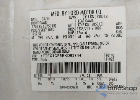 2014 Ford F-150 Xl из США, поврежденный, VIN 1FTFX1CF5EKD93744